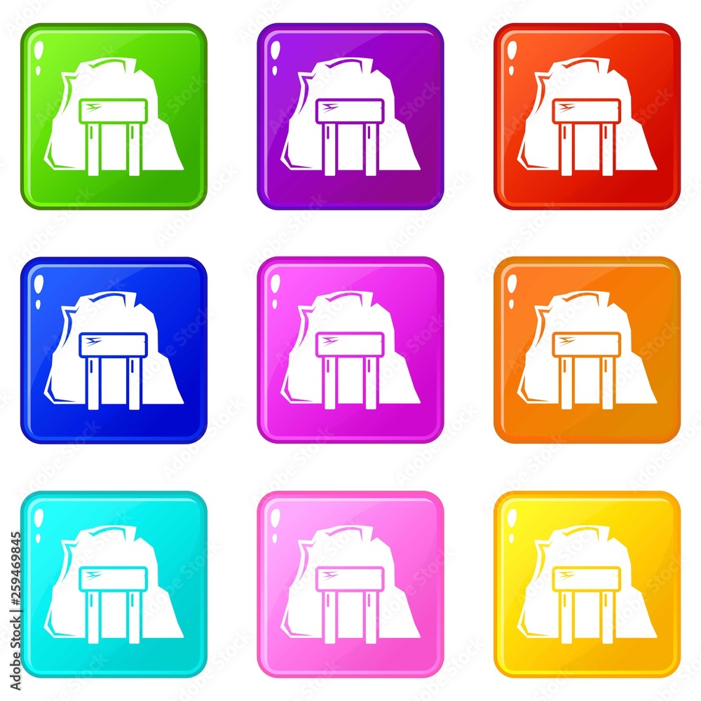Poster mine enter icons set 9 color collection isolated on white for any design