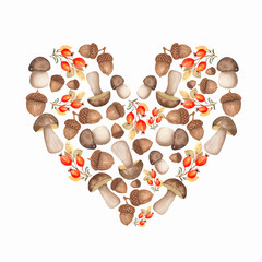 Watercolor autumn forest illustration. Hand painted mushrooms, acorns,dog rose in heart shape isolated on white background. Nature illustration for design. Yellow,orange and brown autumn colors.