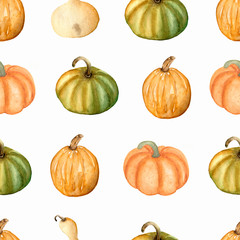 WatercolorSeamless pattern with  pumpkins in Green, yellow and orange colors.Thanksgiving day background. It's perfect for your design.Autumn style.