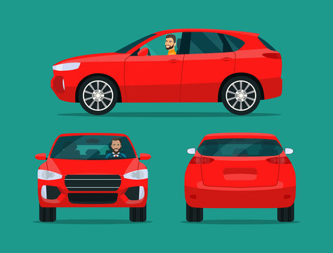 Red Compact CUV Isolated. Car CUV With Driver Man Side View, Back View And Front View. Vector Flat Style Illustratio