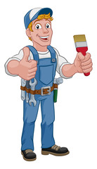 A painter decorator construction handyman cartoon man holding a paintbrush brush and giving a thumbs up