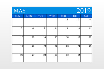 2019 Calendar, May, Blue Theme, Schedule Planner, organizer, weeks start from Sunday