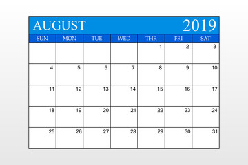 2019 Calendar, August, Blue Theme, Schedule Planner, organizer, weeks start from Sunday