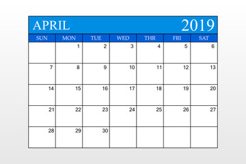 2019 Calendar, April, Blue Theme, Schedule Planner, organizer, weeks start from Sunday