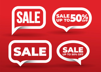 Set of sale banner template design with bubble. Big sale best offer. 3D paper tape. Graphic design element. Vector illustration. Isolated on red background.