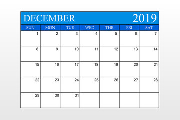 2019 Calendar, December, Blue Theme, Schedule Planner, organizer, weeks start from Sunday