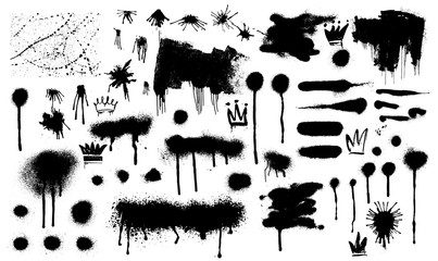 Spray graffiti stencil template. Black splashes Vector set Spray. Blank shapes for your design. Line or texture. Vector illustration. Isolated on white background.