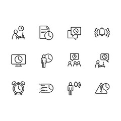  icon business people, busines office, working time and deadline. Contains such icons management, labor and work hours, bell, timely job, to do list, time log, alarm, workplace.