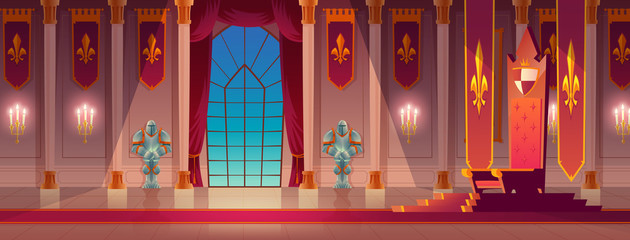Medieval castle, royal palace spacious lit with burning candles, throne room or ballroom empty interior with king or queen golden thrones standing on pedestal, with knight armor on wall cartoon vector © vectorpocket