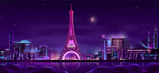 Fotobehang Paris quay night landscape cartoon vector in neon colors with illuminated Eiffel Tower reflecting in river water illustration. Europe famous touristic attraction. Honeymoon romantic travel in France © vectorpocket