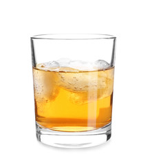 Glass of whiskey on white background