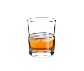 Glass of whiskey on white background