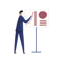 Businessman in suit near flipchat on white background.