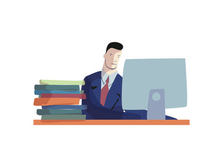 Man in suit works at computer. Office work day.