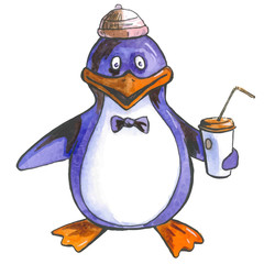 Penguin With A Coffee Break Time Animal Sketch White Background