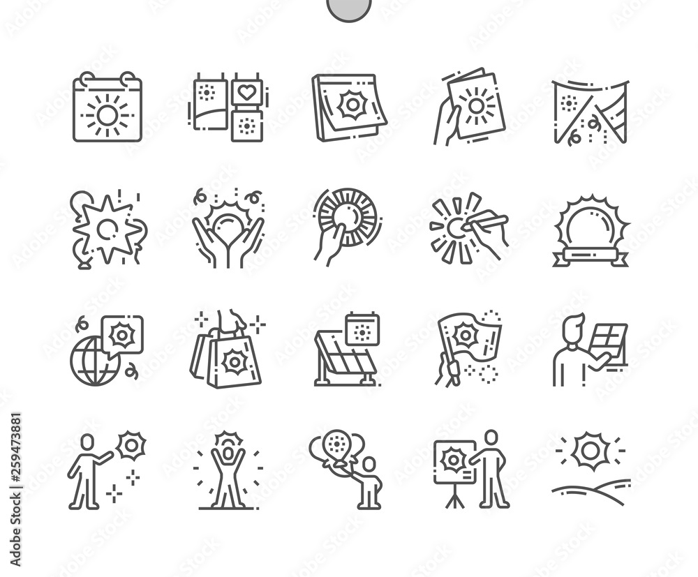 Poster world sun day well-crafted pixel perfect vector thin line icons 30 2x grid for web graphics and apps