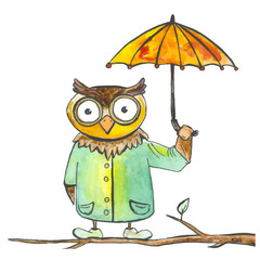 Owl With An Umbrella Animal Sketch White Background