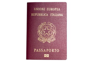Red biometric passport of a Italian citizen, isolated on white background. Inscription - European Union, Italian Republic, Passport. Border crossing, travel, immigration concept