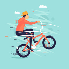 Fototapeta na wymiar Bmx. Guy does the trick on the bike. Sport, freestyle. Flat design vector illustration. 
