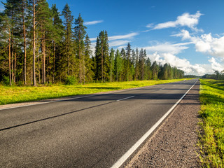 Empty asphalt road going straight along coniferous forest with trees casting long shadows in the evening. Green summer grass grows alongside. White fluffy clouds are viewable in the distance.