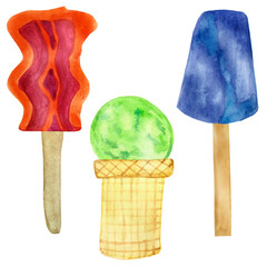 Watercolor hand panted ice-cream in the cap and on the stick, colorful sweet dessert, summer cold frozen milk