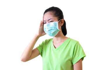 The woman has a headache. wears a health mask. To prevent dust PM 2.5 and flu or contagious diseases. isolated on white background and clipping path.