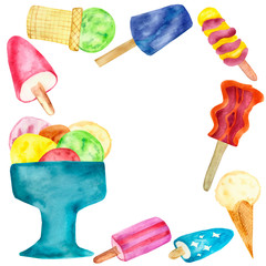 Watercolor hand painted set frame with rather ice-cream in the cup, on the stick and in the horn. Multicolor sweet desert for party design