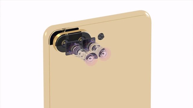 Mobile phone dual camera concept, two smartphone sensors, optical layout wide 16x9 format, 3D rendering, isolated on white