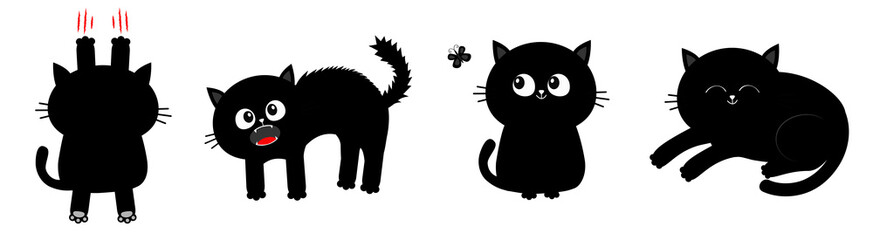 Cat set line. Nail claw scratch, sitting, screaming, sleeping, looking at butterfly. Black kitten. Cute cartoon funny character Baby pet collection White background Isolated Flat design.
