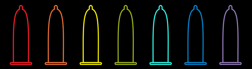 Condom rainbow icon set line. Protection. Black background. Flat design.