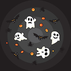 Halloween pattern black bats, white ghost and orange pumpkin on black background