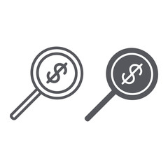 Money search line and glyph icon, dollar and lens, magnifier sign, vector graphics, a linear pattern on a white background.
