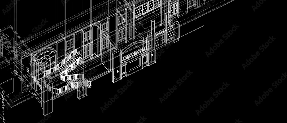 Aufkleber architecture interior stair column windows element design concept 3d perspective white wireframe ren