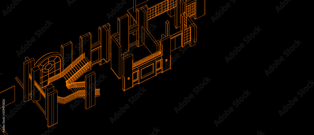 Poster architecture interior stair column windows element design axonometric concept 3d perspective white w