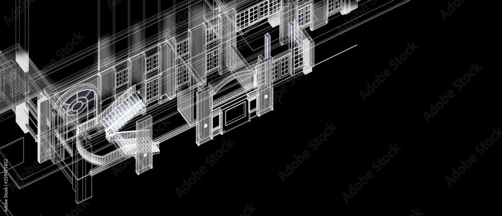 Poster architecture interior stair column windows element design concept 3d perspective white wireframe wit