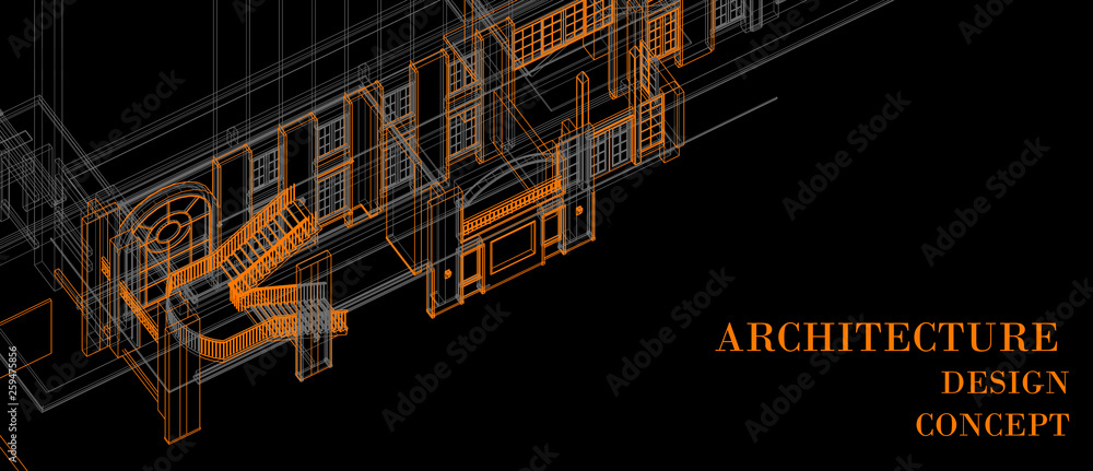 Poster architecture interior stair column windows element design concept 3d perspective orange and white wi