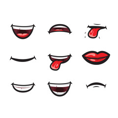 Smiling lips, mouth with tongue, white toothed smile and sad expression mouth and lips illustration icon. Lips and mouth expressing different emotions, funny and sad smiles isolated on white - obrazy, fototapety, plakaty