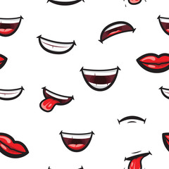 Pattern smiling lips, mouth with tongue, white toothed smile and sad expression. Lips and mouth expressing different emotions, funny and sad smiles on white pattern background