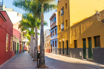 Tenerife. Colourful houses and palm trees on street in Puerto de la Cruz town