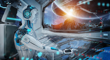Robot in a control room flying a white modern spaceship with window view on space 3D rendering