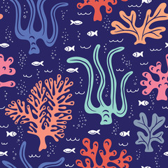 Whimsical Cute Hand-Drawn Sea Life, Fish, Corals, Seaweed, Algae Vector Seamless Pattern. Kids Ocean Background