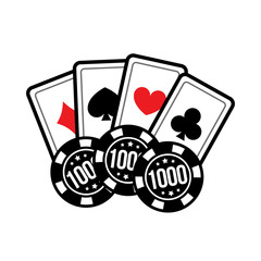Casino card and casino chips on white background. Set poker chips and poker cards for casino games.