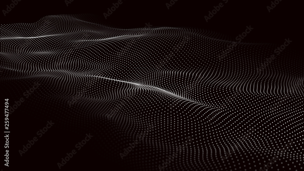 Poster Wave of particles. Futuristic point wave. Vector illustration. Abstract background with a dynamic wave. Wave 3d