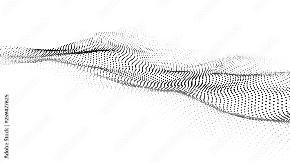 Poster Wave of particles. Futuristic point wave. Vector illustration. Abstract background with a dynamic wave. Wave 3d