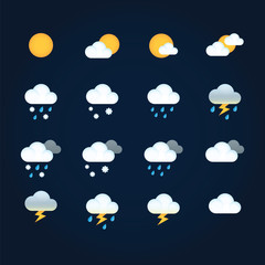 Fototapeta premium Weather icons sun and clouds in sky, rain with snow, thunder and lightning. Flat illustration weather and meteorology for mobile and web application.