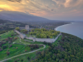 Aerial view of the castle of Platamonas during sunset