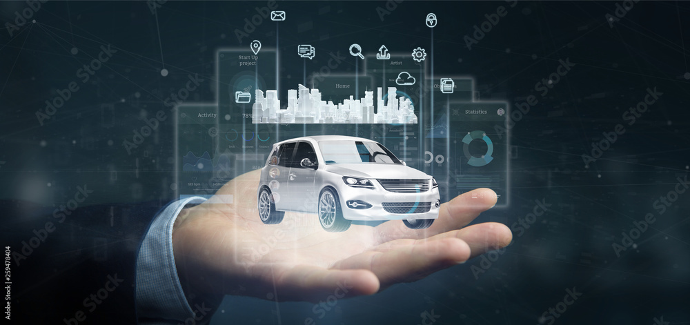 Poster businessman holding dashboard smartcar interface with multimedia icon and city map on a background 3