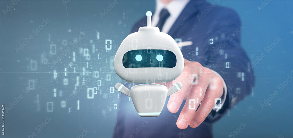 Poster businessman holding chatbot with binary code 3d rendering