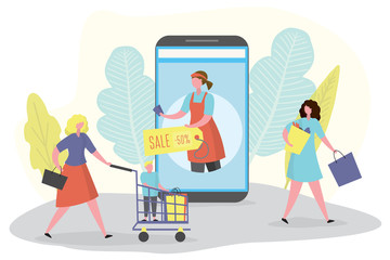 martphone with discount or retail app,shopping woman with bags and cart