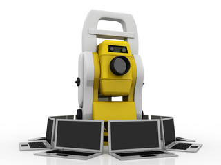 3D illustration Construction surveying instrument with computer network